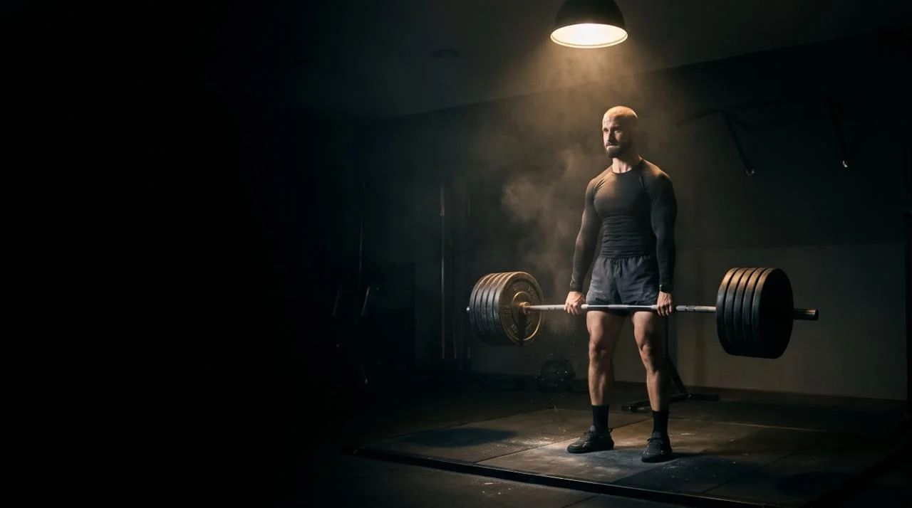 An athlete stands holding a loaded barbell under a single lamp in a dark gym